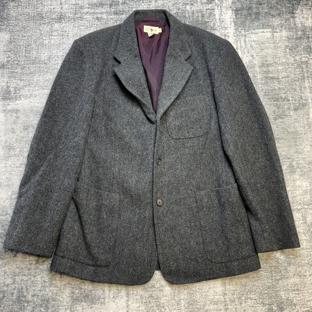 VTG J Crew Tweed Blazer Jacket Mens Medium Gray Herringbone Oarsman Sport Coat